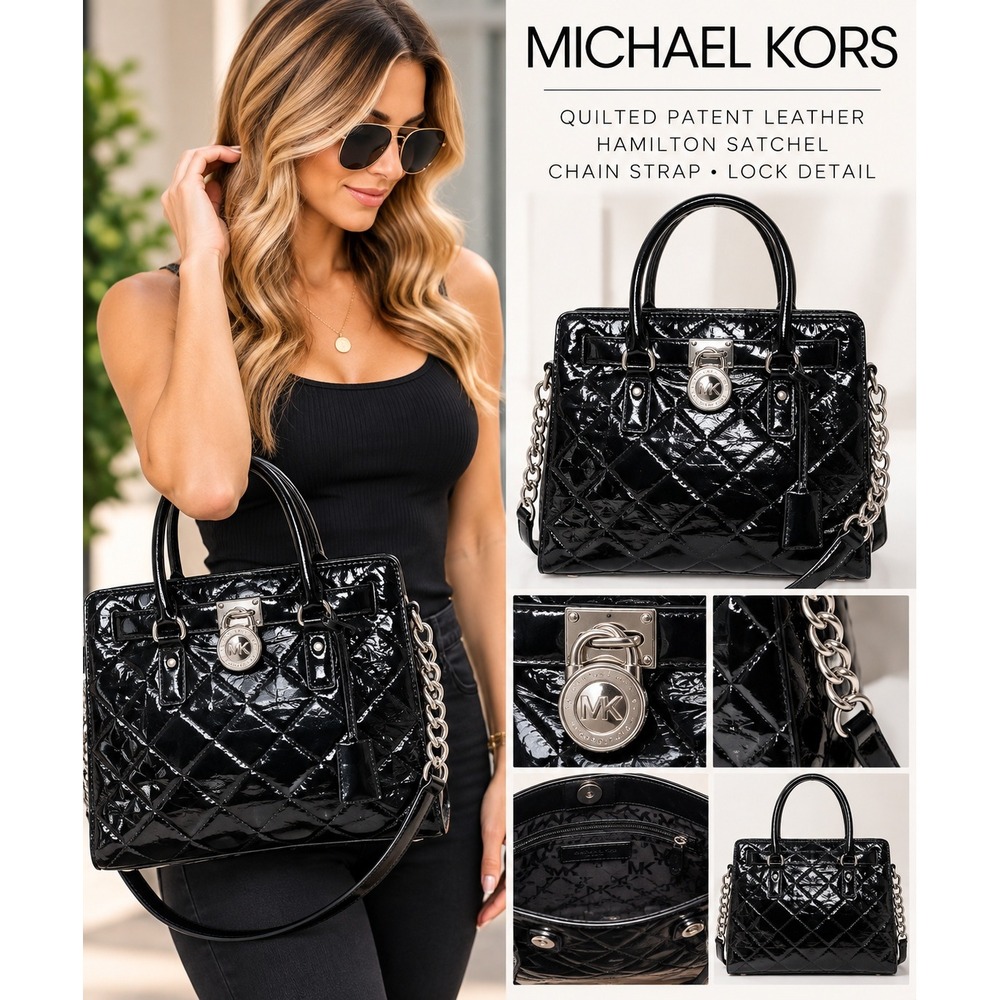 Michael Kors Hamilton Quilted Patent Leather Satchel Black Chain Strap Lock Bag